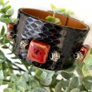MishaGirl Handmade Black Snakeskin Cuff Bracelet with Red Beads